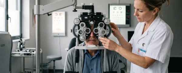 Une ophtalmologiste ajuste un phoroptère devant un patient sexagénaire lors d'un examen de la vue en cabinet médical.