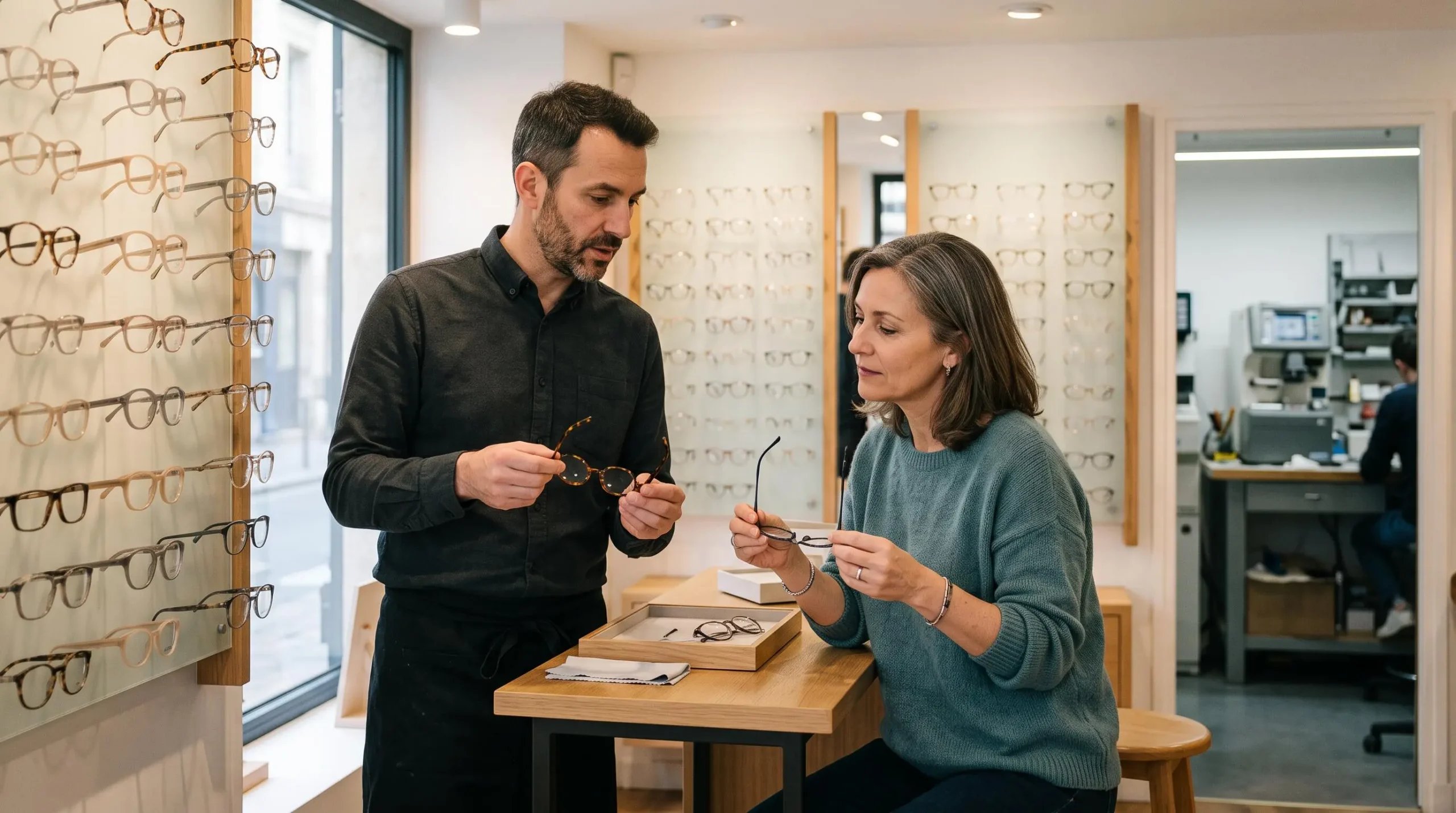Un opticien-lunetier présente différentes montures de lunettes à une cliente assise au comptoir d'un magasin d'optique.